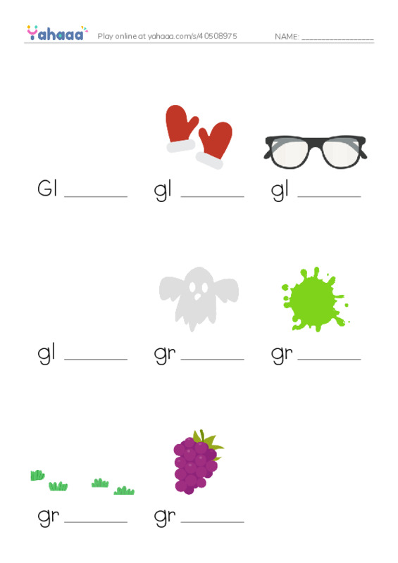 Finish the word worksheet for Gladwin, glove, glasses and 5 more