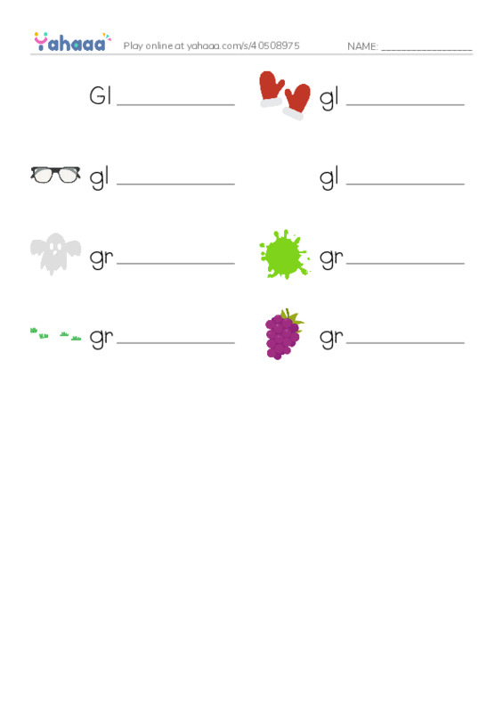 Write the word rows worksheet for Gladwin, glove, glasses and 5 more