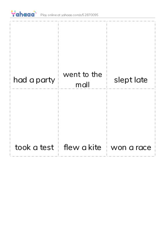 Picture flashcards worksheet for had a party, went to the mall, slept late and 3 more