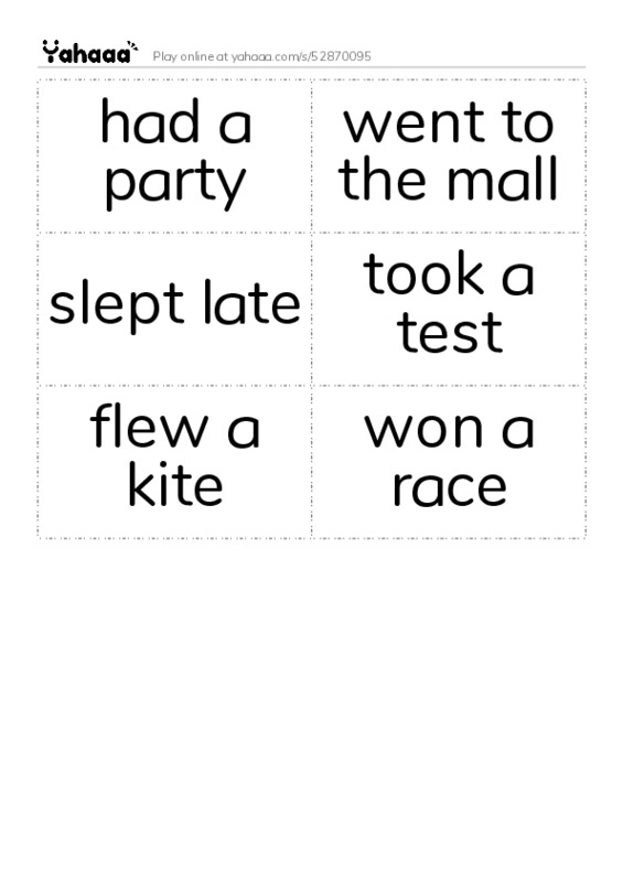 Word flashcards worksheet for had a party, went to the mall, slept late and 3 more