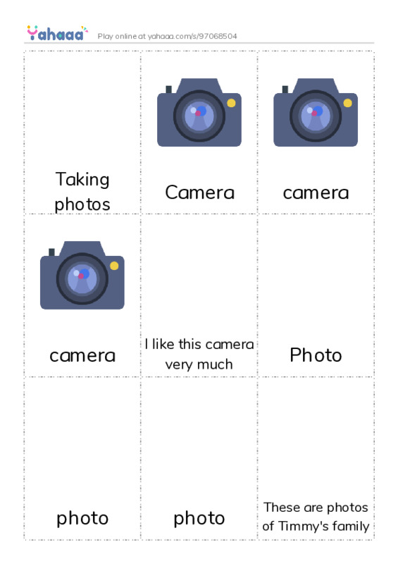 Picture flashcards worksheet for Taking photos, Camera, camera and 10 more