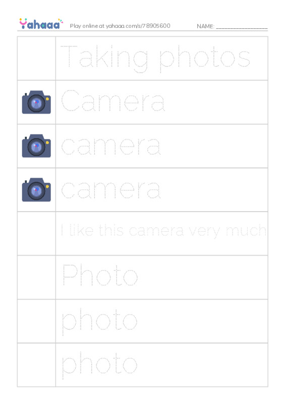 Picture and word rows worksheet for Taking photos, Camera, camera and 10 more