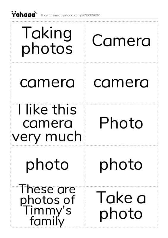 Word flashcards worksheet for Taking photos, Camera, camera and 10 more