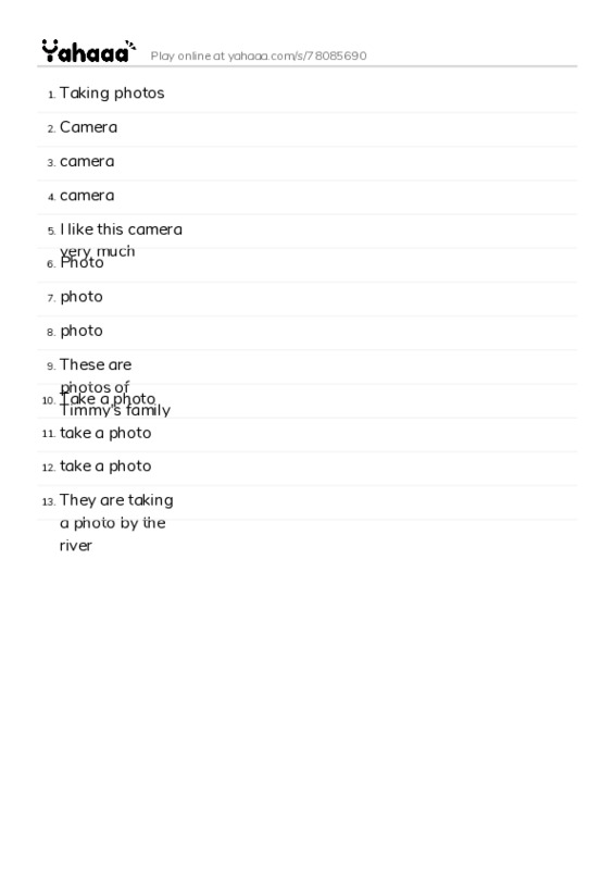 Word list with meanings worksheet for Taking photos, Camera, camera and 10 more