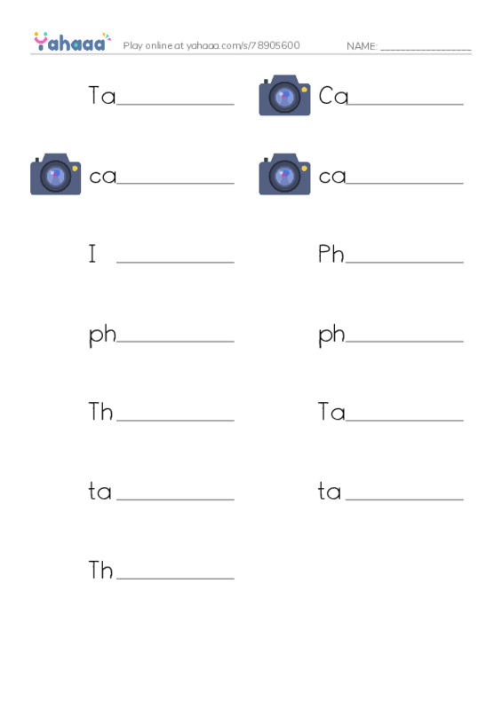 Write the word rows worksheet for Taking photos, Camera, camera and 10 more