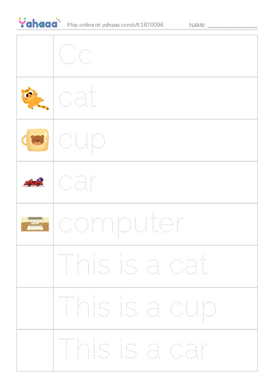Picture and word rows worksheet for Cc, cat, cup and 6 more