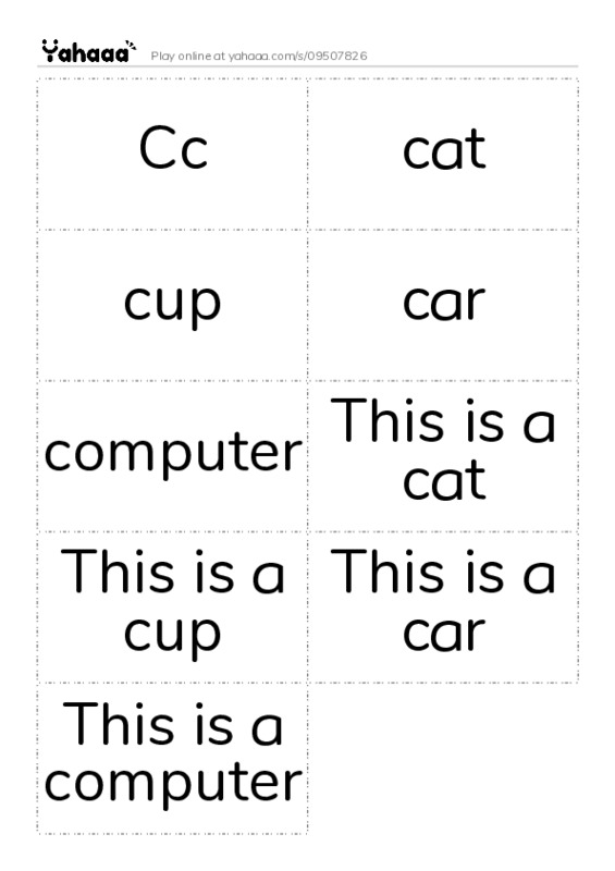 Word flashcards worksheet for Cc, cat, cup and 6 more