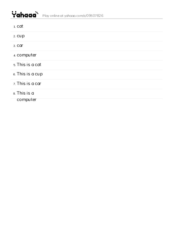 Word list with meanings worksheet for Cc, cat, cup and 6 more