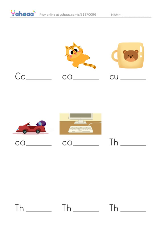 Finish the word worksheet for Cc, cat, cup and 6 more