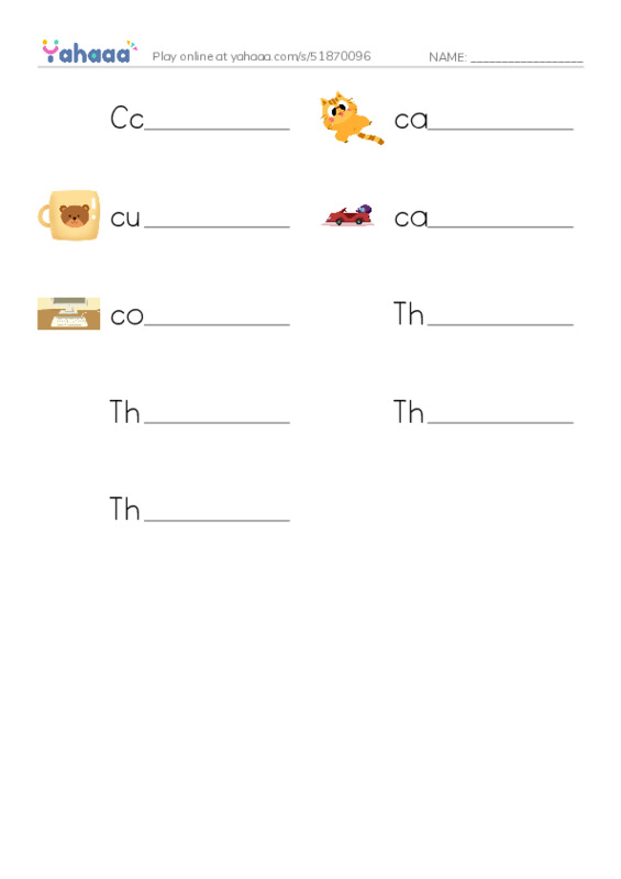 Write the word rows worksheet for Cc, cat, cup and 6 more