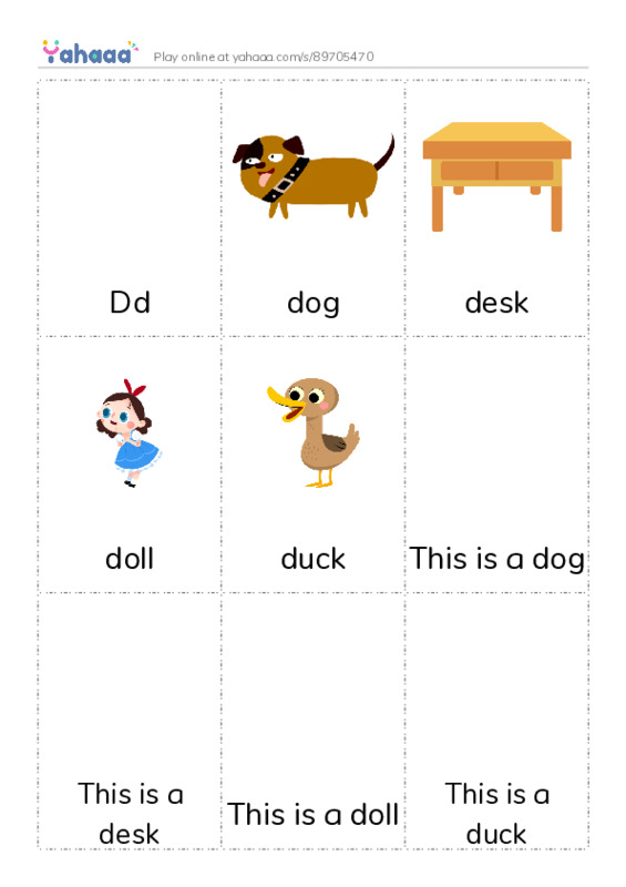 Picture flashcards worksheet for D, d, dog and 7 more