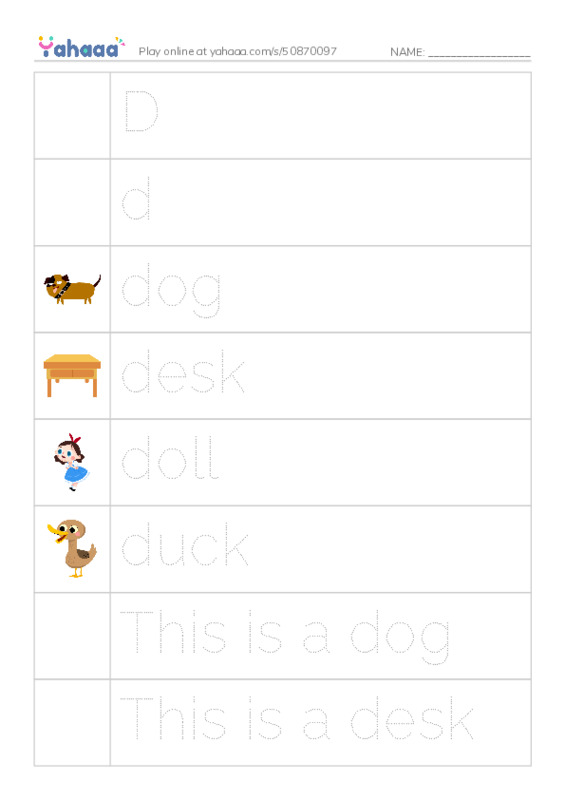 Picture and word rows worksheet for D, d, dog and 7 more
