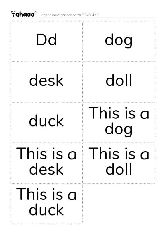 Word flashcards worksheet for D, d, dog and 7 more