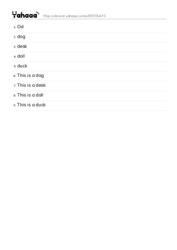 Word list with meanings worksheet for D, d, dog and 7 more
