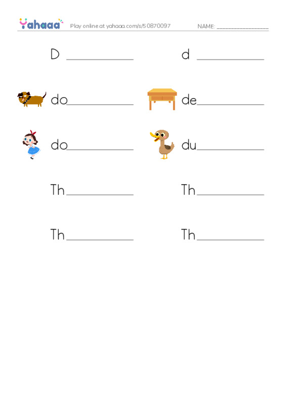 Write the word rows worksheet for D, d, dog and 7 more