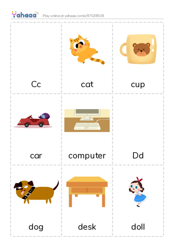 Picture flashcards worksheet for Cc, cat, cup and 7 more