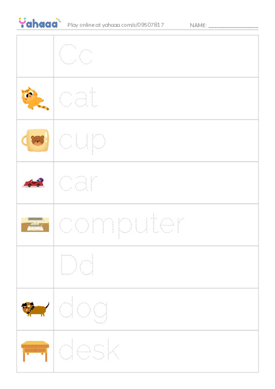 Picture and word rows worksheet for Cc, cat, cup and 7 more