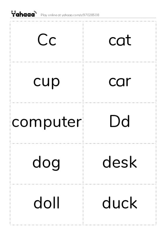 Word flashcards worksheet for Cc, cat, cup and 7 more