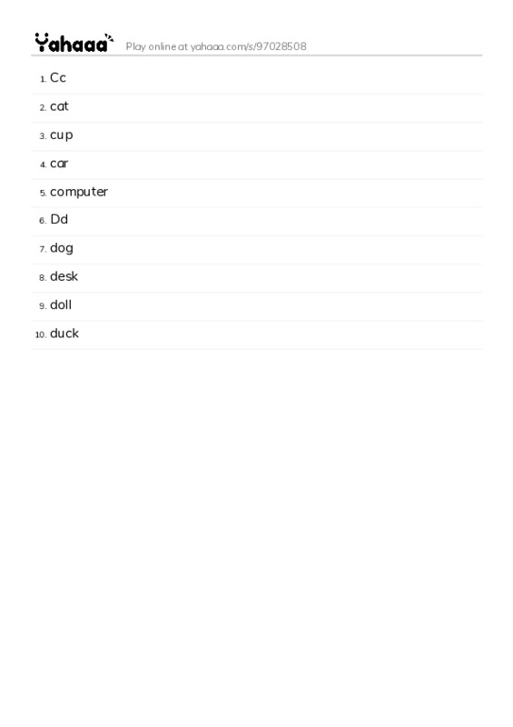 Word list with meanings worksheet for Cc, cat, cup and 7 more