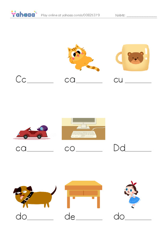 Finish the word worksheet for Cc, cat, cup and 7 more
