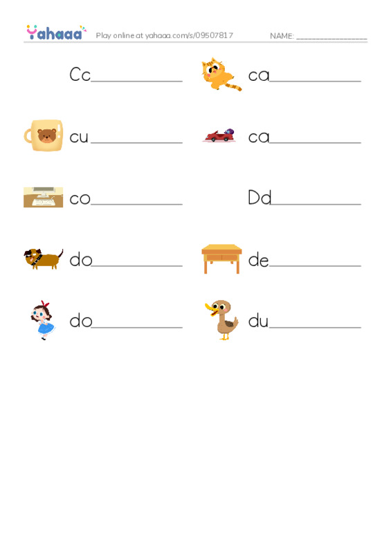 Write the word rows worksheet for Cc, cat, cup and 7 more