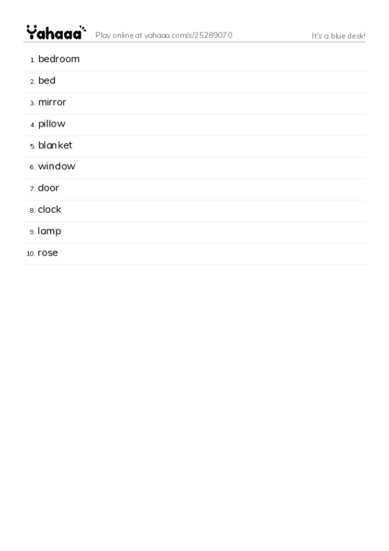 Word list with meanings worksheet for It's a blue desk!