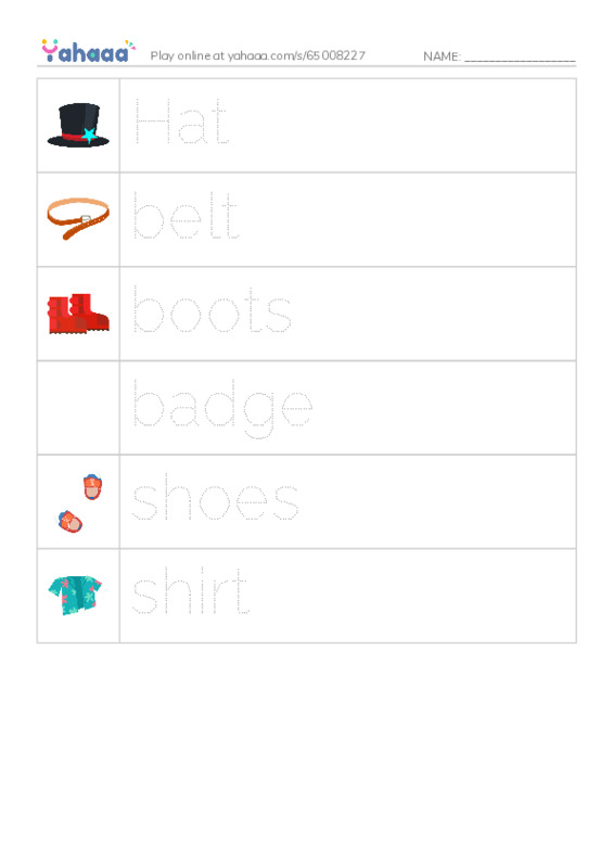 Picture and word rows worksheet for Party clothes