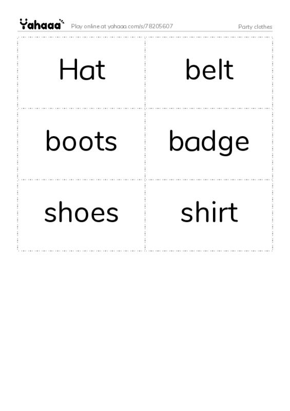 Word flashcards worksheet for Party clothes