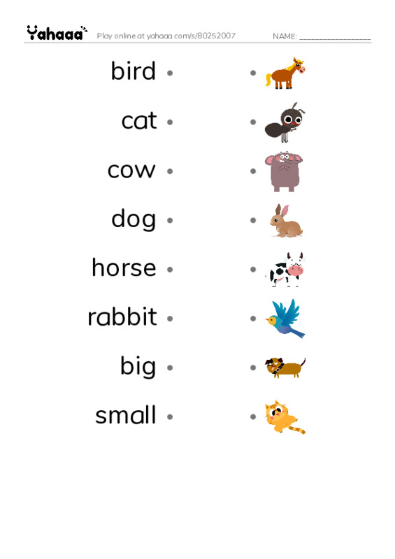 Draw a line to match worksheet for Animals