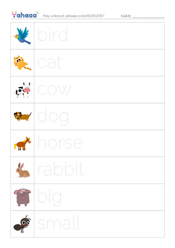 Picture and word rows worksheet for Animals
