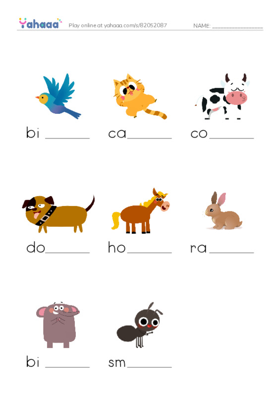 Finish the word worksheet for Animals