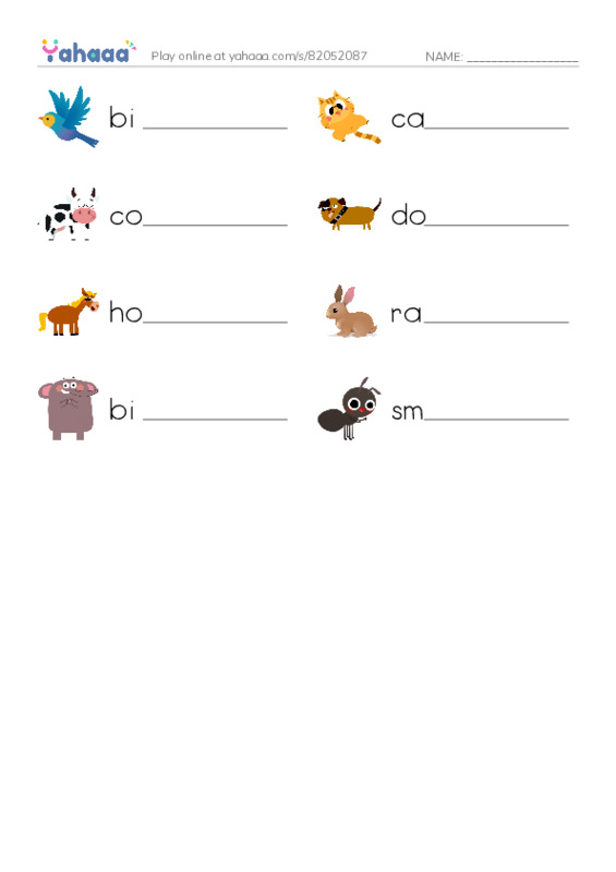 Write the word rows worksheet for Animals