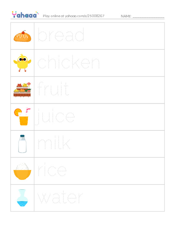 Picture and word rows worksheet for Food
