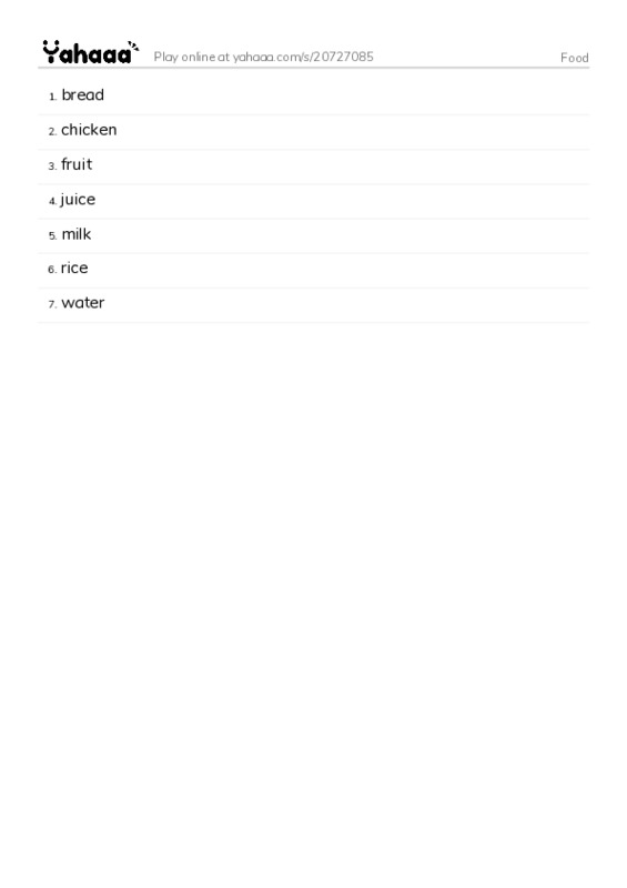 Word list with meanings worksheet for Food