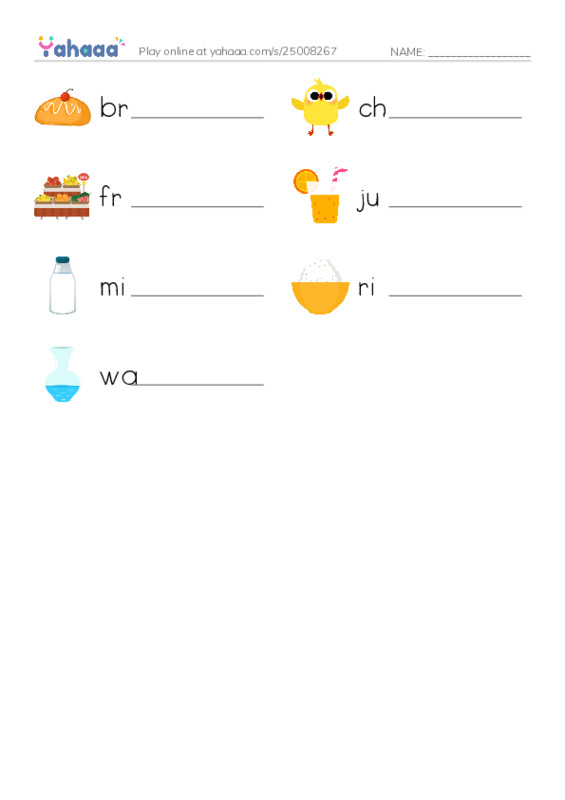 Write the word rows worksheet for Food
