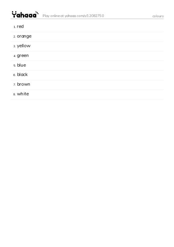 Word list with meanings worksheet for colours