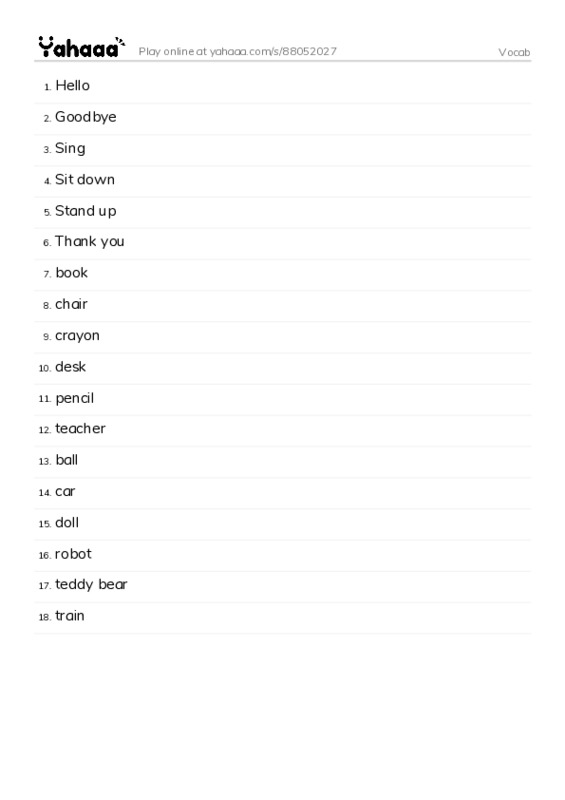 Word list with meanings worksheet for Vocab