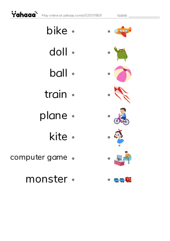 Draw a line to match worksheet for toys