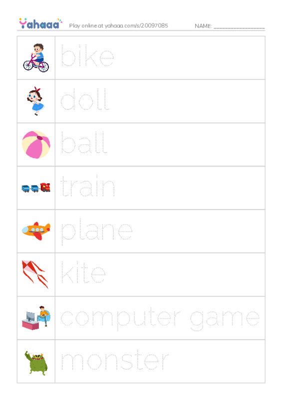 Picture and word rows worksheet for toys