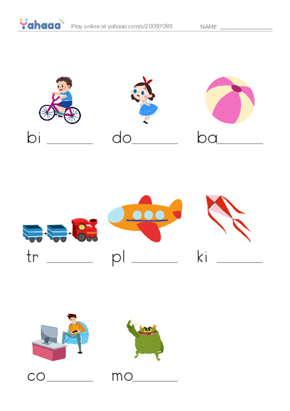 Finish the word worksheet for toys