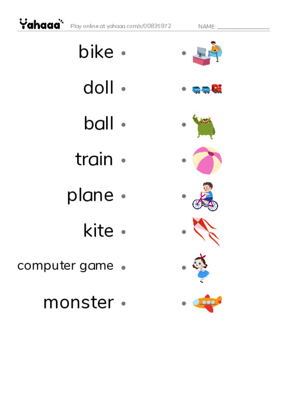 Draw a line to match worksheet for toys
