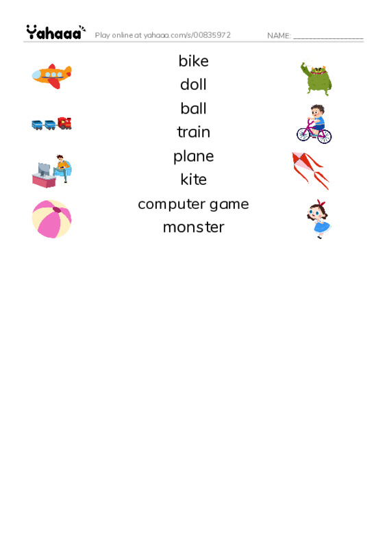 Match both sides worksheet for toys