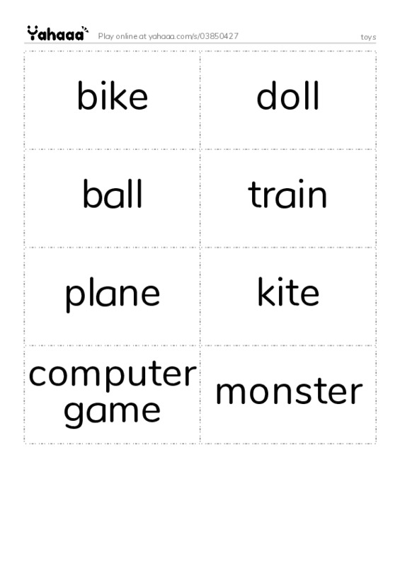 Word flashcards worksheet for toys