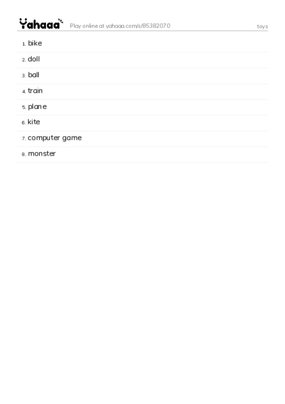 Word list with meanings worksheet for toys