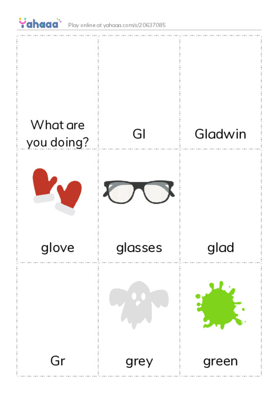 Picture flashcards worksheet for What are you doing?, Gl, Gladwin and 14 more