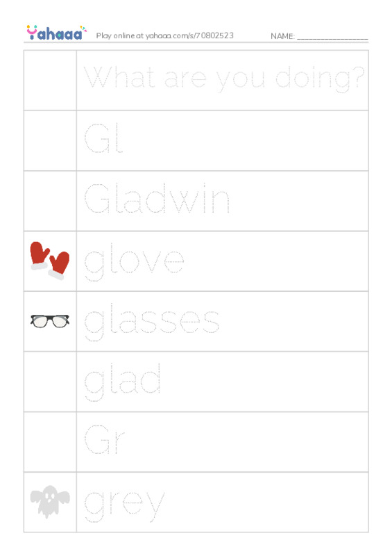 Picture and word rows worksheet for What are you doing?, Gl, Gladwin and 14 more