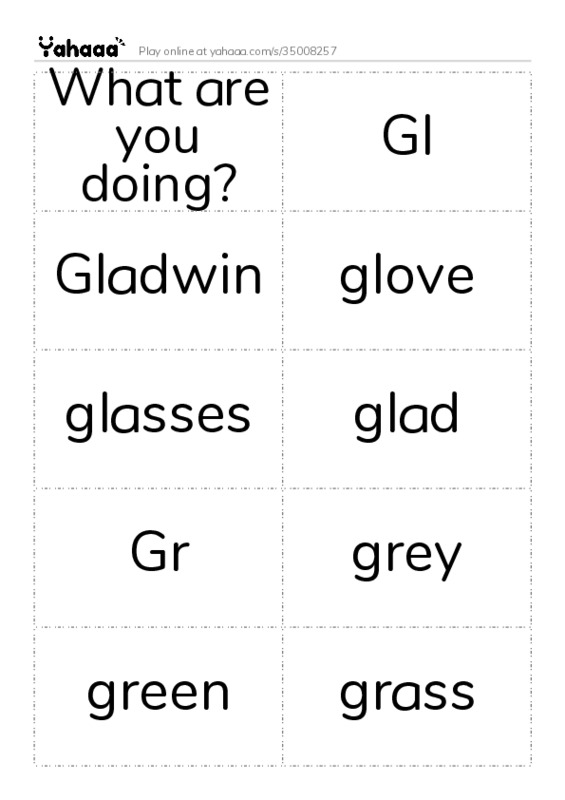 Word flashcards worksheet for What are you doing?, Gl, Gladwin and 14 more