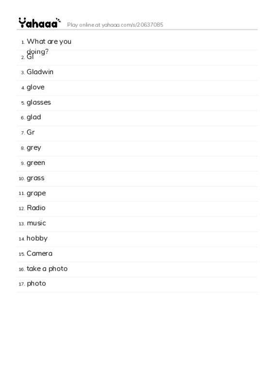 Word list with meanings worksheet for What are you doing?, Gl, Gladwin and 14 more