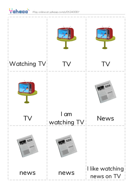 Picture flashcards worksheet for Watching TV, TV, TV and 10 more