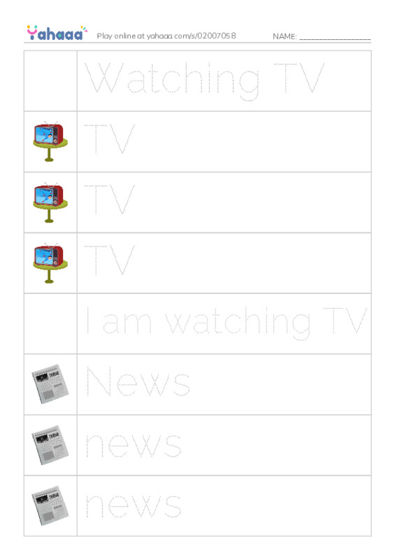 Picture and word rows worksheet for Watching TV, TV, TV and 10 more